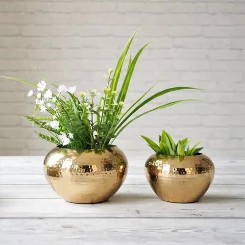 Behoma Metal Hammered Mini Indoor Planter for Table Top and Floor | Living Room Balcony Planters | Office Desk Decoration Ideas for Small Plants Golden Colour Small (Plant NOT Included) (Set of 2)