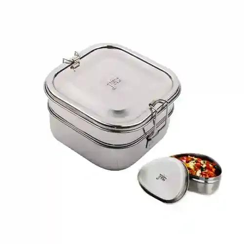 Jvl Stainless Steel Double Layer Square Lunch Box With Small Container For Kids, School, College, Office - Big -Not Leak Proof