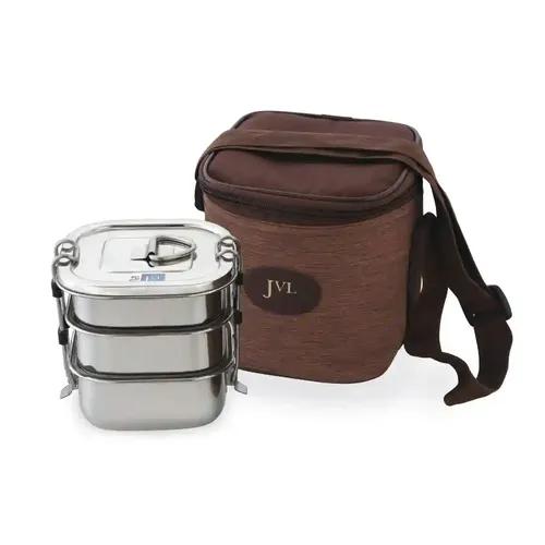 Jvl Stainless Steel Lunch Box For Kids, Triple Three Layer Leak Proof Tiffin Box For School And Office Use With Inner Plate - Square - Small Size