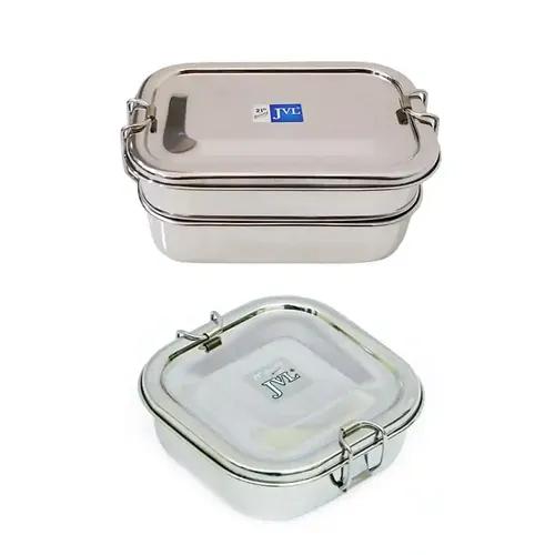 Jvl Stainless Steel Rectangular Double Layer Lunch Box With Inner Plate & Small Square Single Layer Lunch Box With Inner Plate - Set Of 2