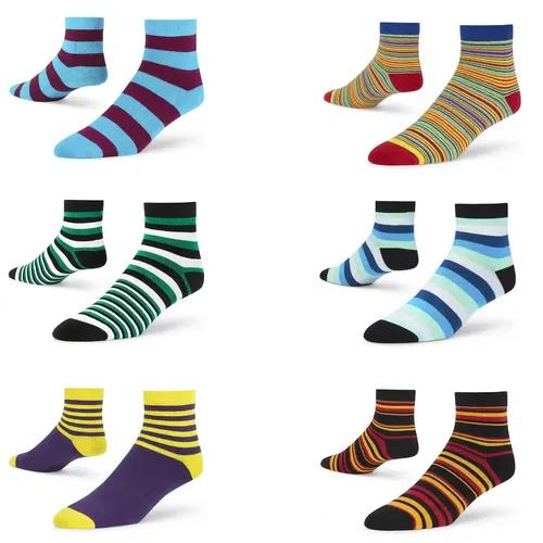 DYNAMOCKS Men's and Women's Combed Cotton Ankle Length Socks (Pack of 6) (Multicolour, Free Size)_Stripes_10_7_17_DUO_Yell_Bold_Aqua_X_Red_1