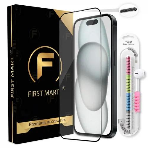 FIRST MART Premium Tempered Glass for iPhone 15 Edge to Edge Screen Coverage, Speaker Mesh Dust Filter & Cable Protector with Easy Installation Kit