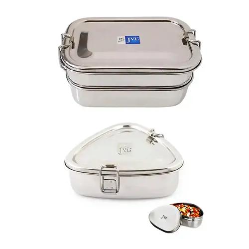 Jvl Stainless Steel Rectangular Double Layer Lunch Box With Inner Plate & Small Triangle Single Layer Lunch Box With Mini Container - Set Of 3