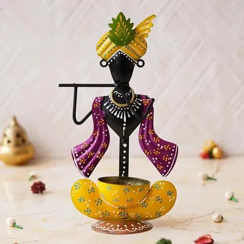 WEBELKART  Premium Handcrafted Multicolor Metal Krishna Tea Light Holder for Home & Office Decor and Diwali Gift Item (Multicolor-10.4" Inches)