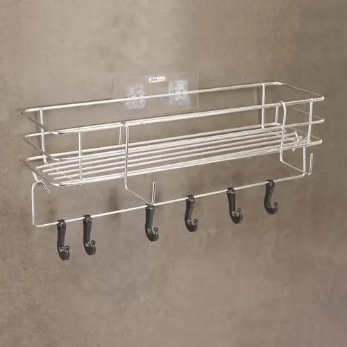 Stick Fast Self Adhesive Series Stainless Steel Wall Mount Kitchen Double Layer Chrome Finish Storage Shelf Rack