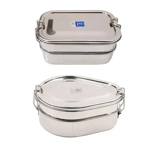 Jvl Stainless Steel Rectangular Shape Double Layer Lunch Box With Inner Plate & Small Drop Shape Lunch Box Not Leak Proof - Pack Of 2