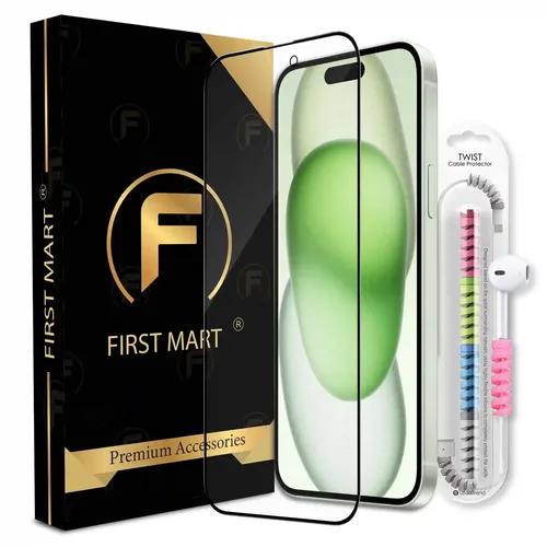 FIRST MART Premium Tempered Glass for iPhone 15 Plus with Edge to Edge Coverage and Cable Protector and Easy Installation Kit, Pack of 1