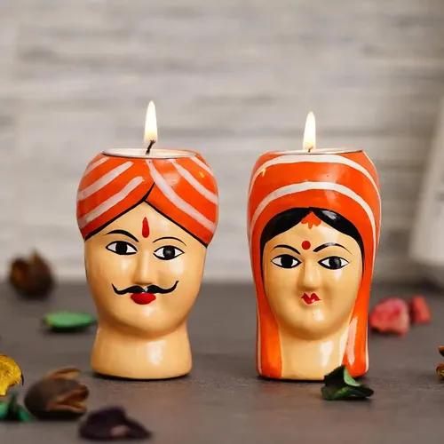 WEBELKART Premium Handmade Kaka Kaki | Seth Sethani | Raja Rani Rajasthani Couple Tealight Candle Holder for Home | Kaka kaki face Tealight Holder for Diwali Decoration, Paper