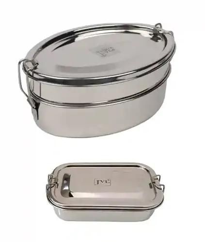 Jvl Stainless Steel Rectangular & Oval Shape Single & Double Layer Not Leak Proof Lunch Box With Inner Plate - Set Of 2