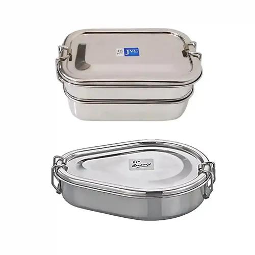 Jvl Stainless Steel Rectangular Shape Double Layer Lunch Box With Inner Plate & Small Drop Single Layer Lunch Box With Inner Plate - Set Of 2