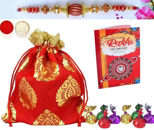 Mantouss Rakhi For Brother With Gift/Rakhi For Brother With Chocolate-Potli With Chocolates For Rakshabandhan+Rakhi+Roli, Chawal+Rakhi Greeting Card