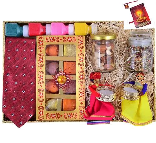 MANTOUSS Diwali Chocolate Gift Combo/Chocolate Diwali Gift Hamper-Chocolate Gift Box+jar of Mix Dry Fruits+jar of Chocolate mukhwas+Rajasthani puupet Candle Holder+Men's Neck Tie+Rangoli Colours+Card