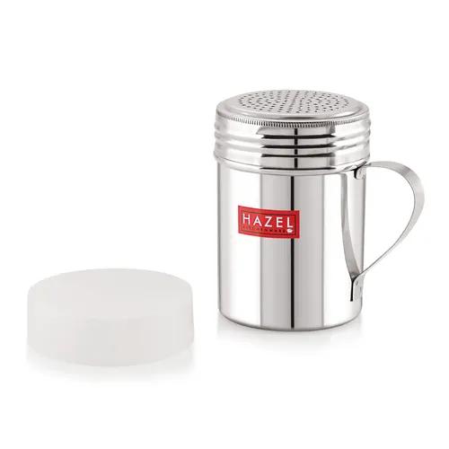 HAZEL Stainless Steel Powder Shaker with Handle and Plastic Lid Cap|Dredger with Handle |Salt and Pepper Cellar Cocoa Chocolate Powder Shaker, Capacity 310 ml, Silver