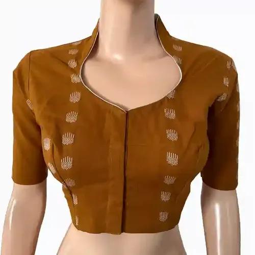 Jacquard Handloom High neck Blouse with Lining - Mustard S