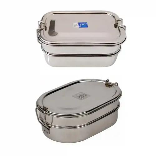 Jvl Stainless Steel Rectangular Double Layer Lunch Box With Inner Plate & Small Capsule Double Layer Lunch Box With Inner Plate - Set Of 2