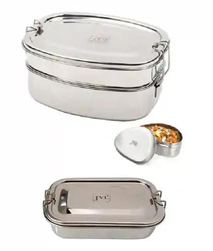 Jvl Stainless Steel Rectangular Shape Single Layer Lunch Box With Inner Plate & Small Deluxe Double Layer With Small Container- Set Of 3