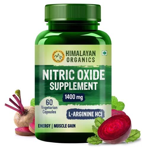 Himalayan Organics Nitric Oxide Supplement with L- Arginine HCL 1400 mg/Serve with Caffeine | Muscle Growth, Stamina, Recovery, Energy & Immunity | 60 Veg Capsules